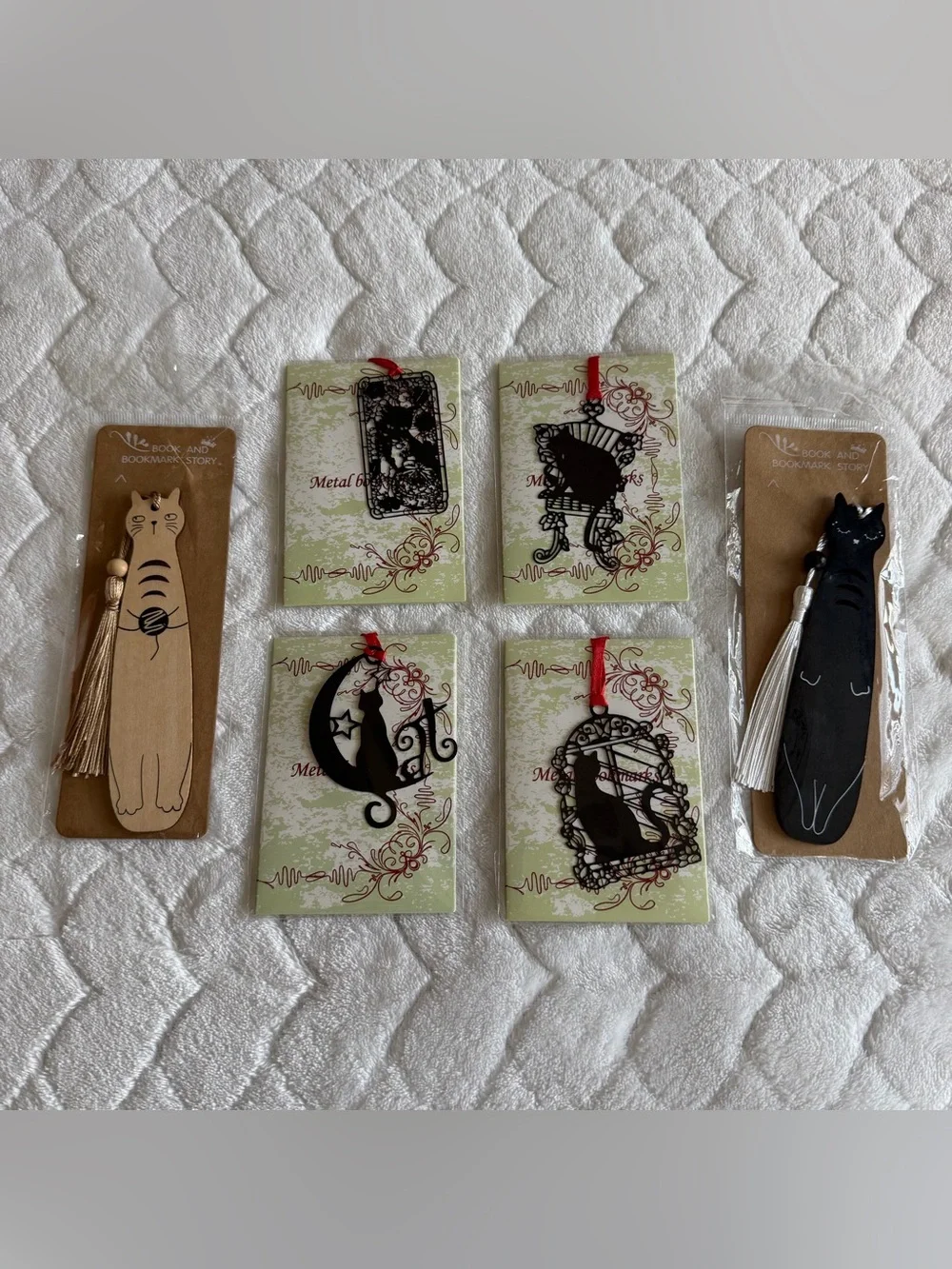Cat & Decorative Metal Bookmarks Set - Black, Tan